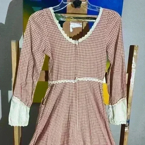 Gunne Sax By Jessica Vintage 70s Check Prairie Boho Corset Womens 5 XXS Dress - Picture 6 of 7